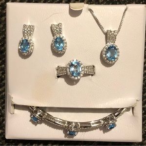 Sun Silver Over Brass Blue Topaz Jewelry Set— Necklace, Ring, Earrings, Bracelet